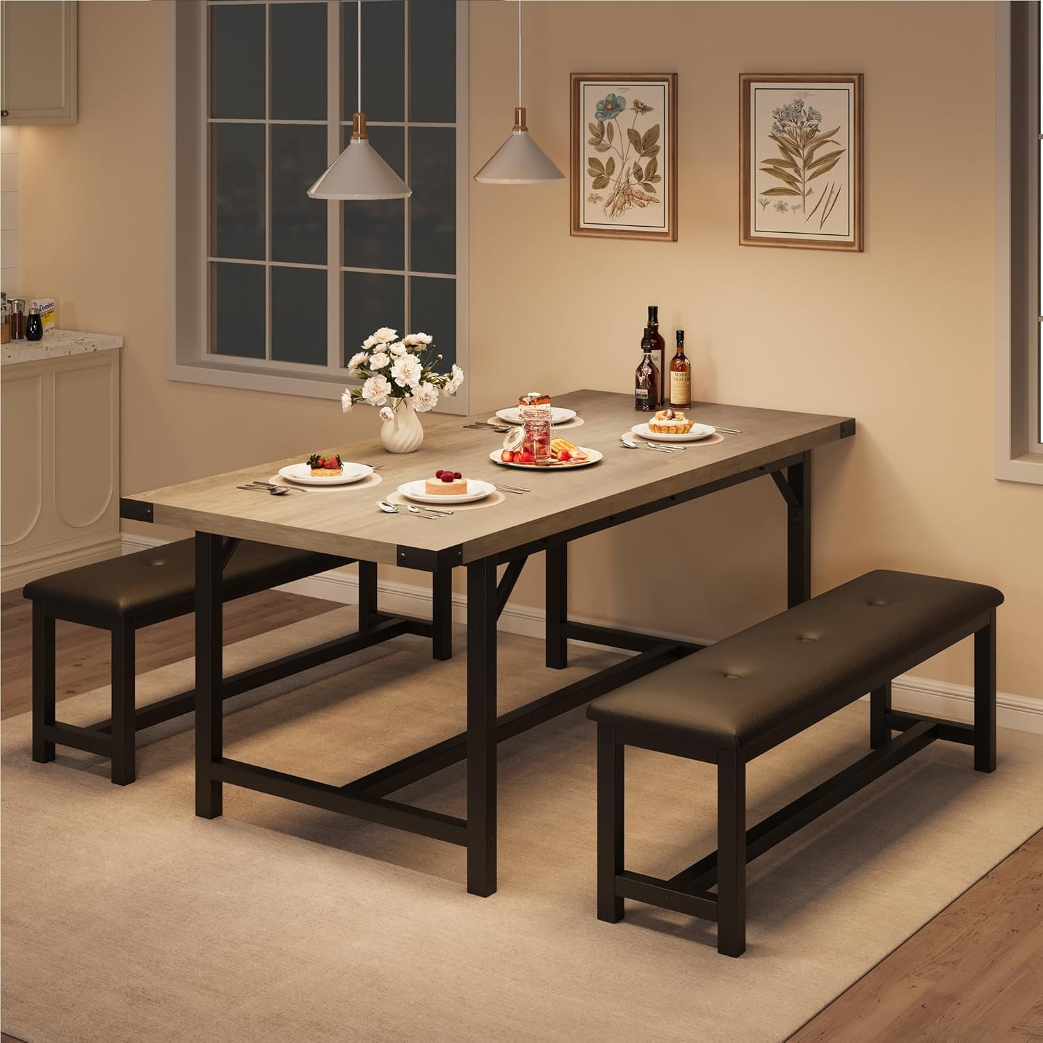63" Extendable Dining Room Table Set With 2 Upholstered Benches for Apartment US
