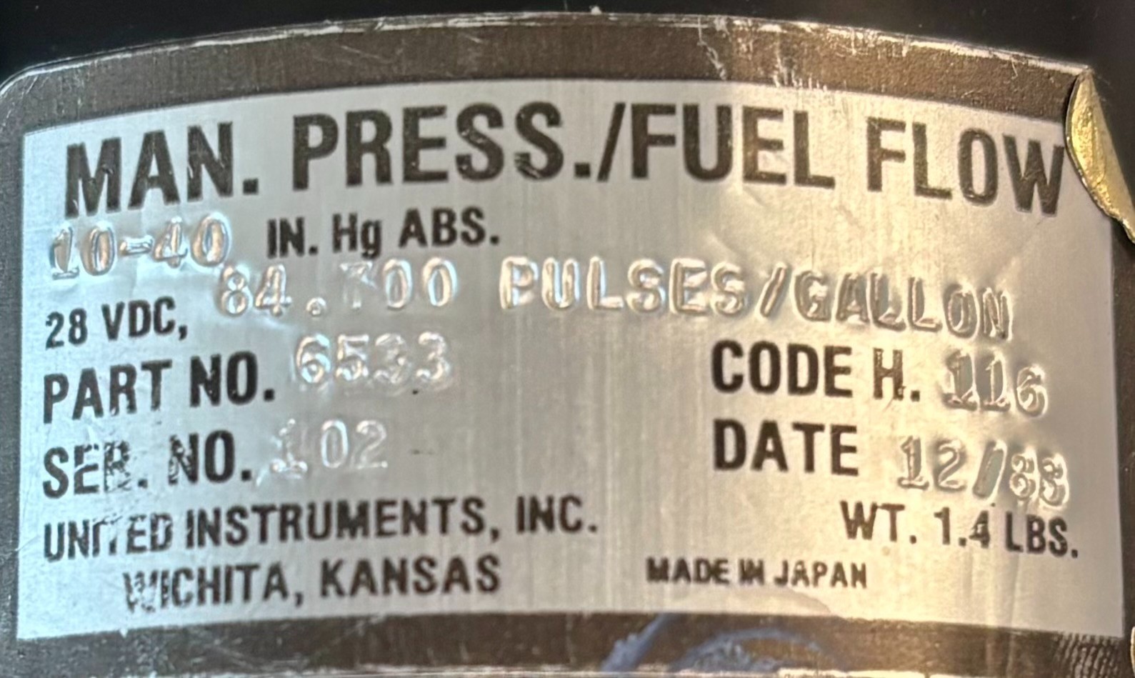Fuel Flow Indicator 6533 Removed Working