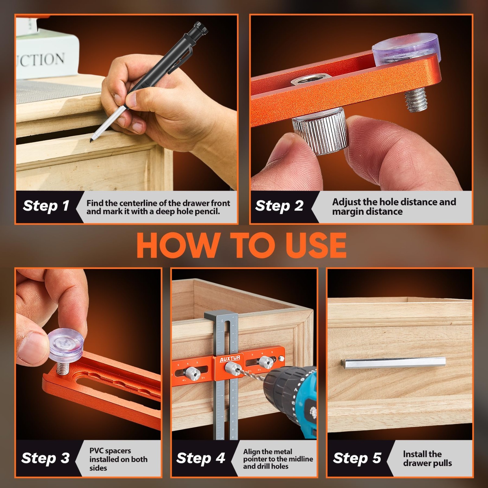 Adjustable Cabinet Hardware Jig Tool with Deep Hole Pencil & Alignment Guide - D