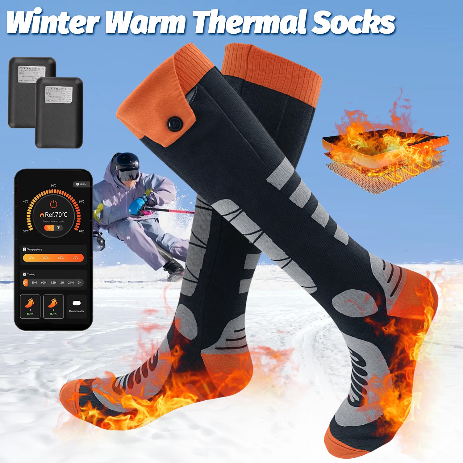 5000mAh Rechargeable Electric Heated Socks APP Control for Men Women Winter