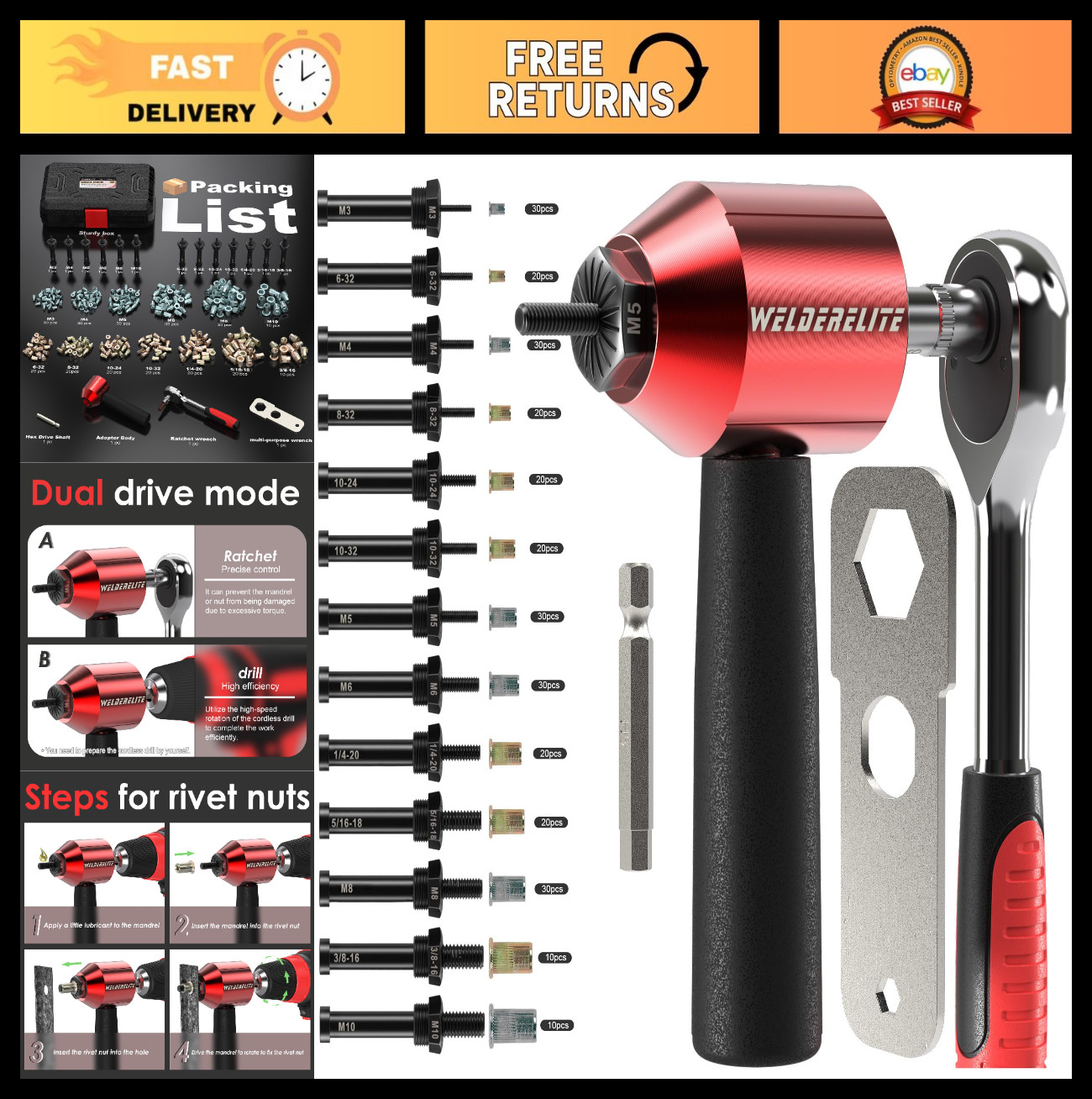 Rivet Nut Drill Adapter Tool Kit - 290 Rivet Nuts & 13 Mandrels Included