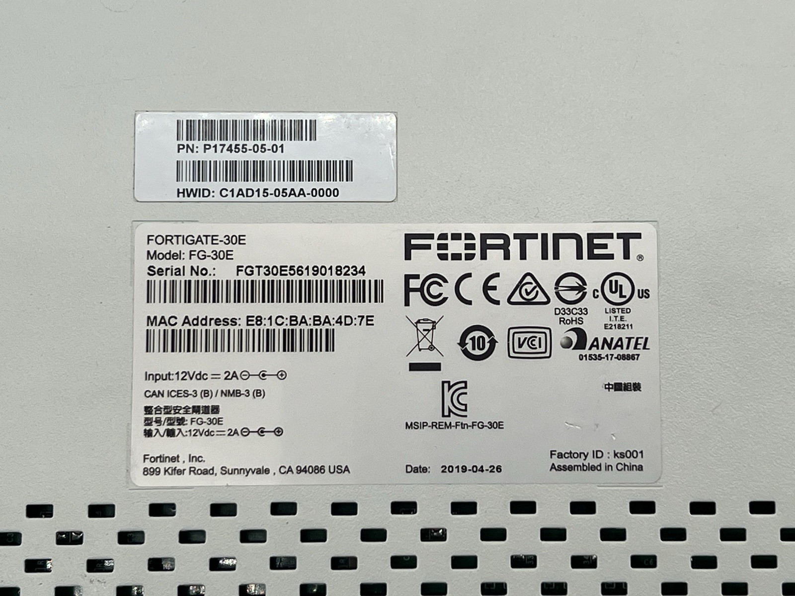 Fortinet FortiGate 30E Network Security Firewall-No Power Supply