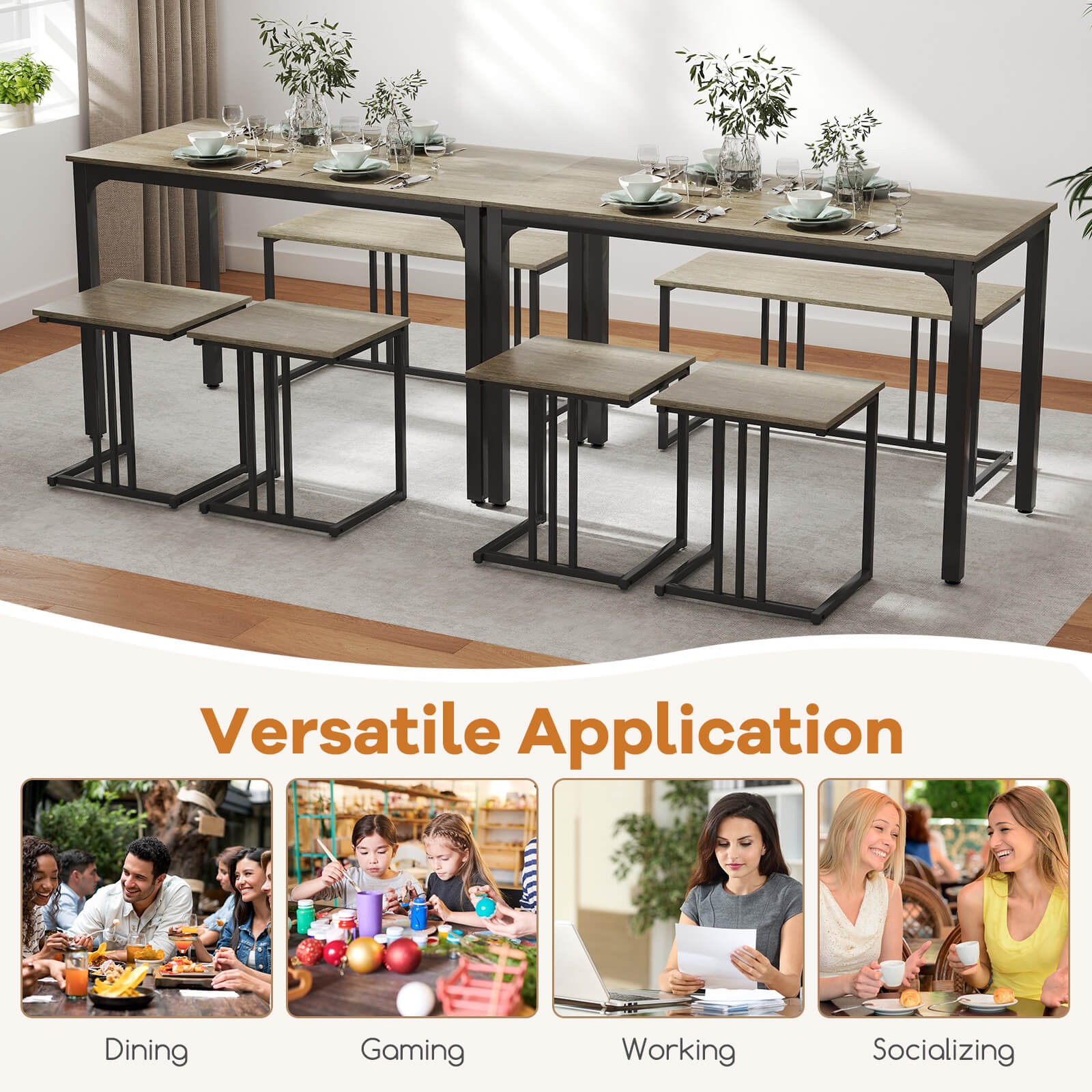 4-Piece Dining Table Set w/ Table & Bench & 2 Stools Office, Kitchen, Living