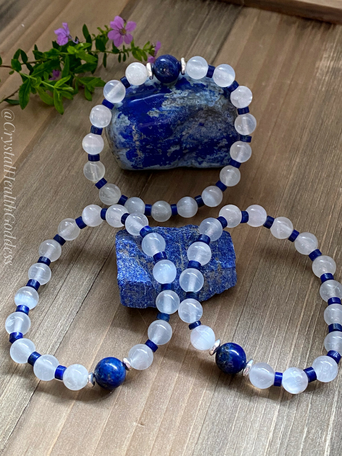 Selenite Lapis Lazuli Bracelet 925 Sterling Silver