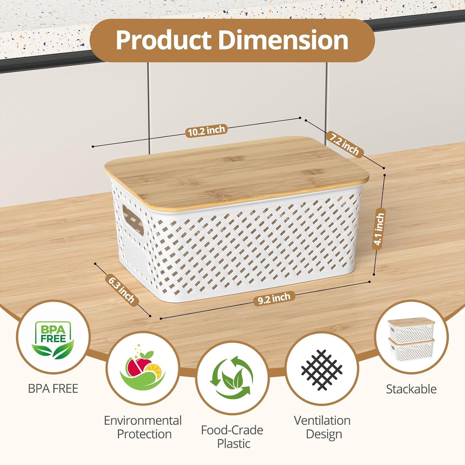 6 Pack Plastic Storage Bins W/ Bamboo Lids Stackable Small Box Baskets Container