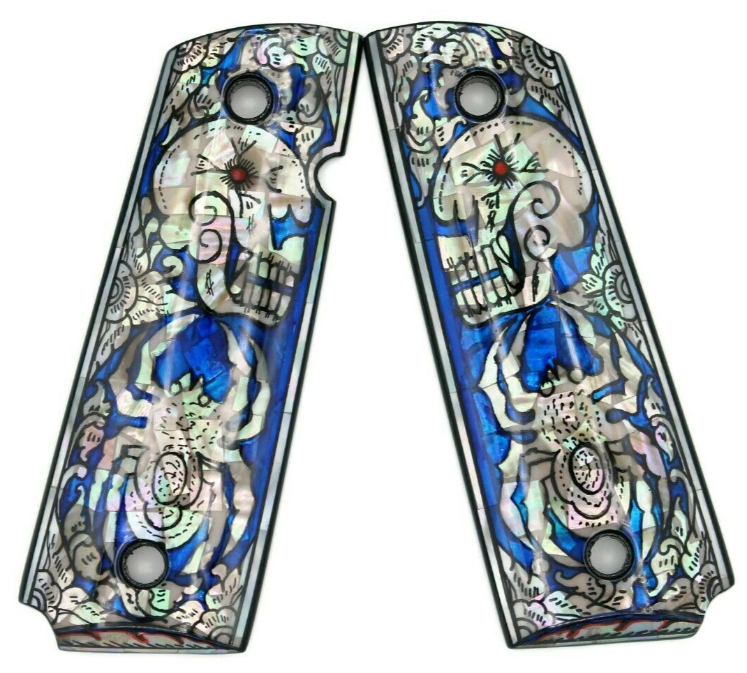 COLT 1911 FULL SIZE GRIPS KIMBER RUGER TAURUS SPIDER SKULL BLUE MOTHER OF PEARL