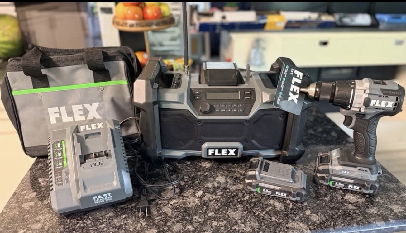 FLEX 24V Brushless Drill/Driver + Jobsite Radio Kit, 2 Li-Ion Batteries, Charger