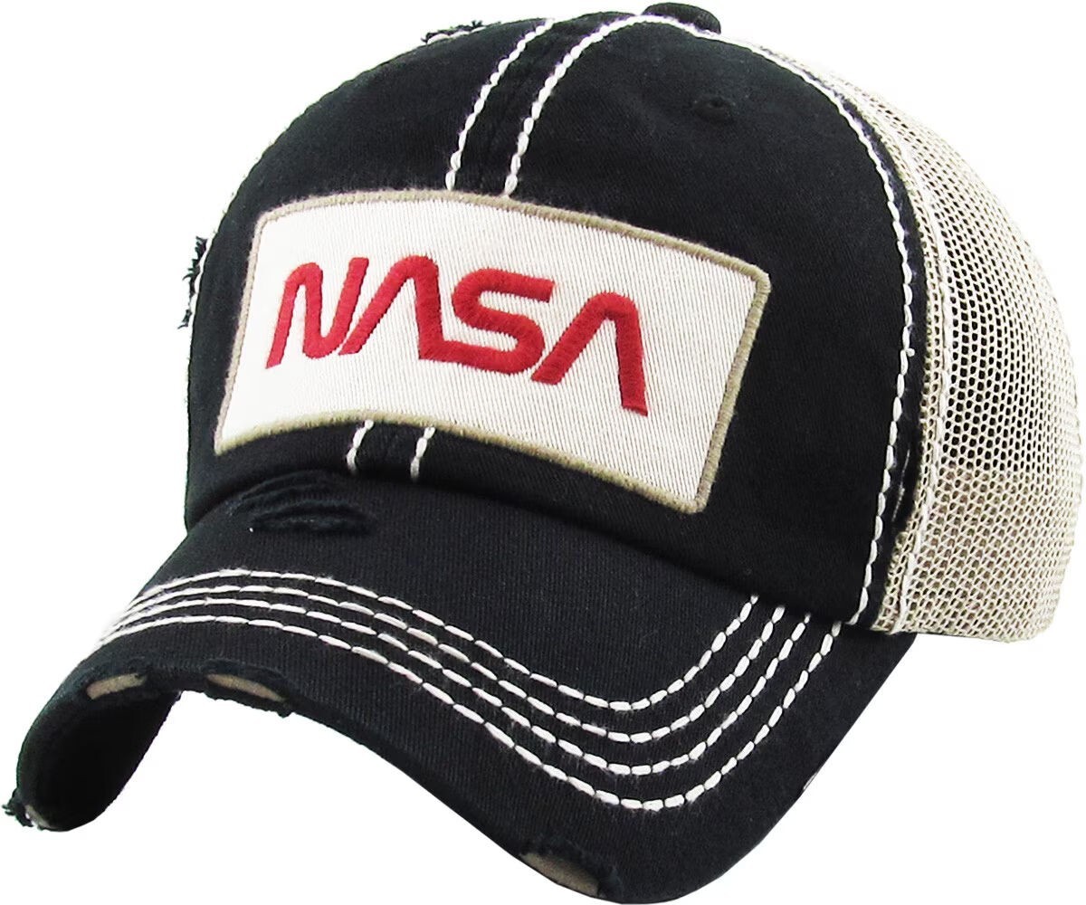 NASA Distressed Adjustable Black & Khaki Mesh Back Cap Dad Hat by KB Ethos