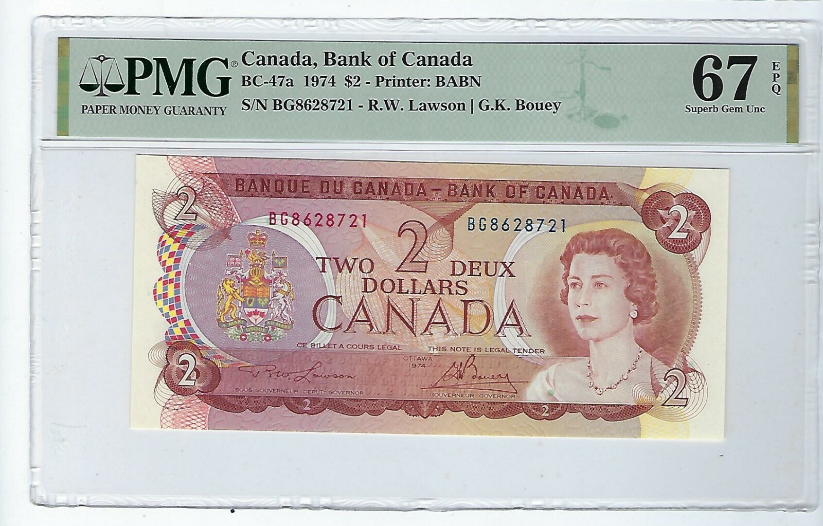 1974 $2 Canada, Bank of Canada PMG 67 EPQ BC-47a Queen Elizabeth II