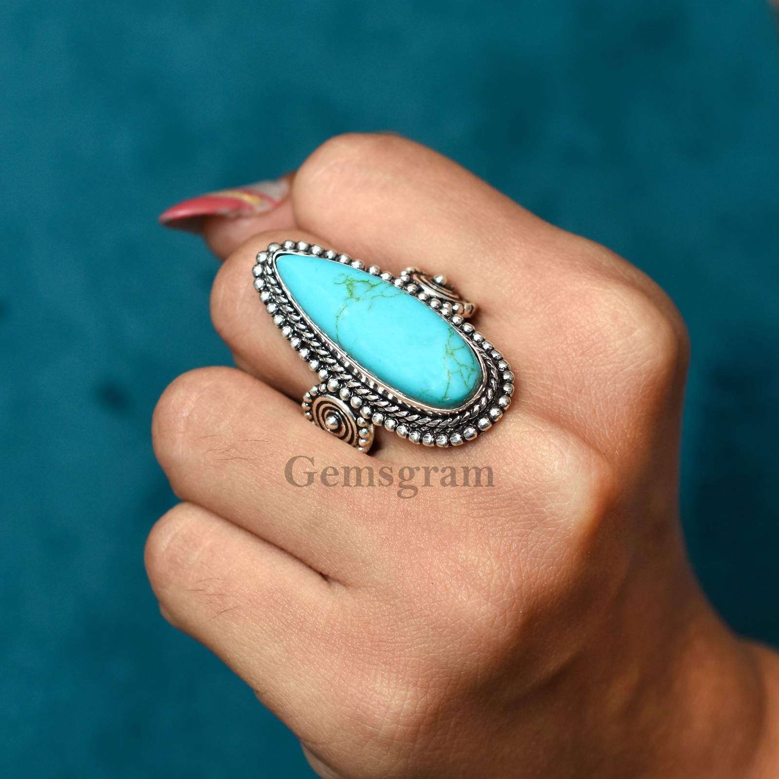 Solid 925 Sterling Silver Natural Gemstone Turquoise Handmade Women Silver Ring'