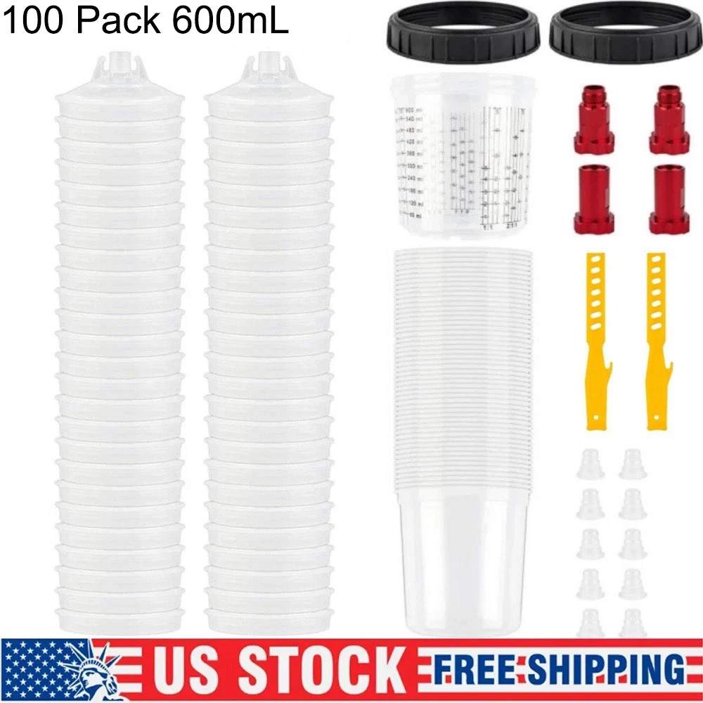 100 Pack Disposable Paint Spray Gun Cup Liners & Lid System Kit 20oz 600ML Cups