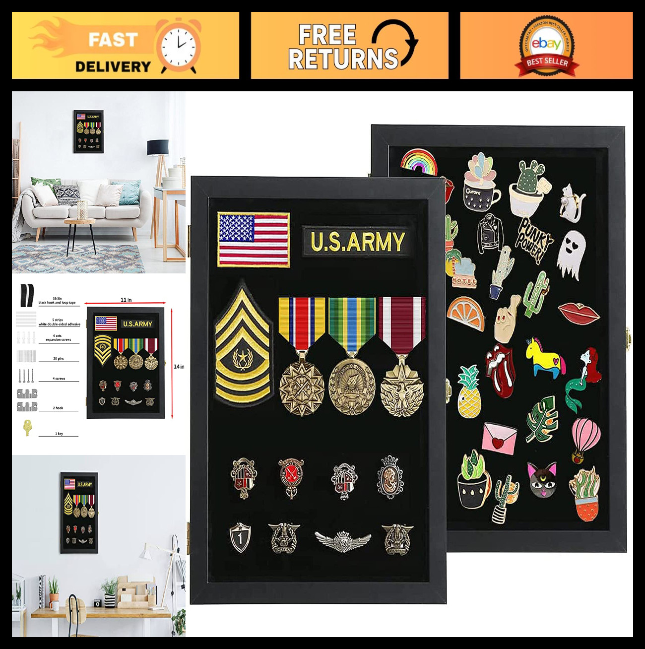 11x14 Pin Display Case - UV Protection Acrylic Door for Medals, Jewelry, Insigni