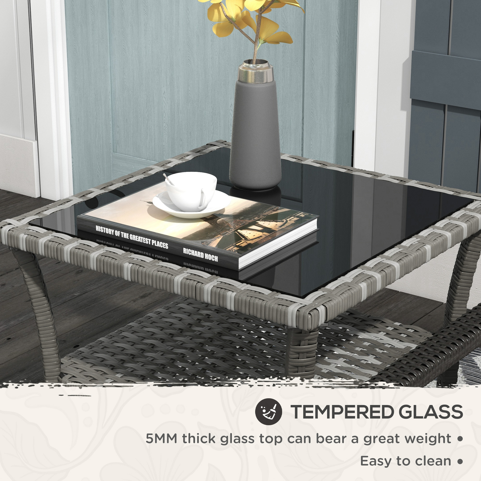 Outsunny Patio Wicker Coffee Table w/ Two-tier Design, Side Table, Gray
