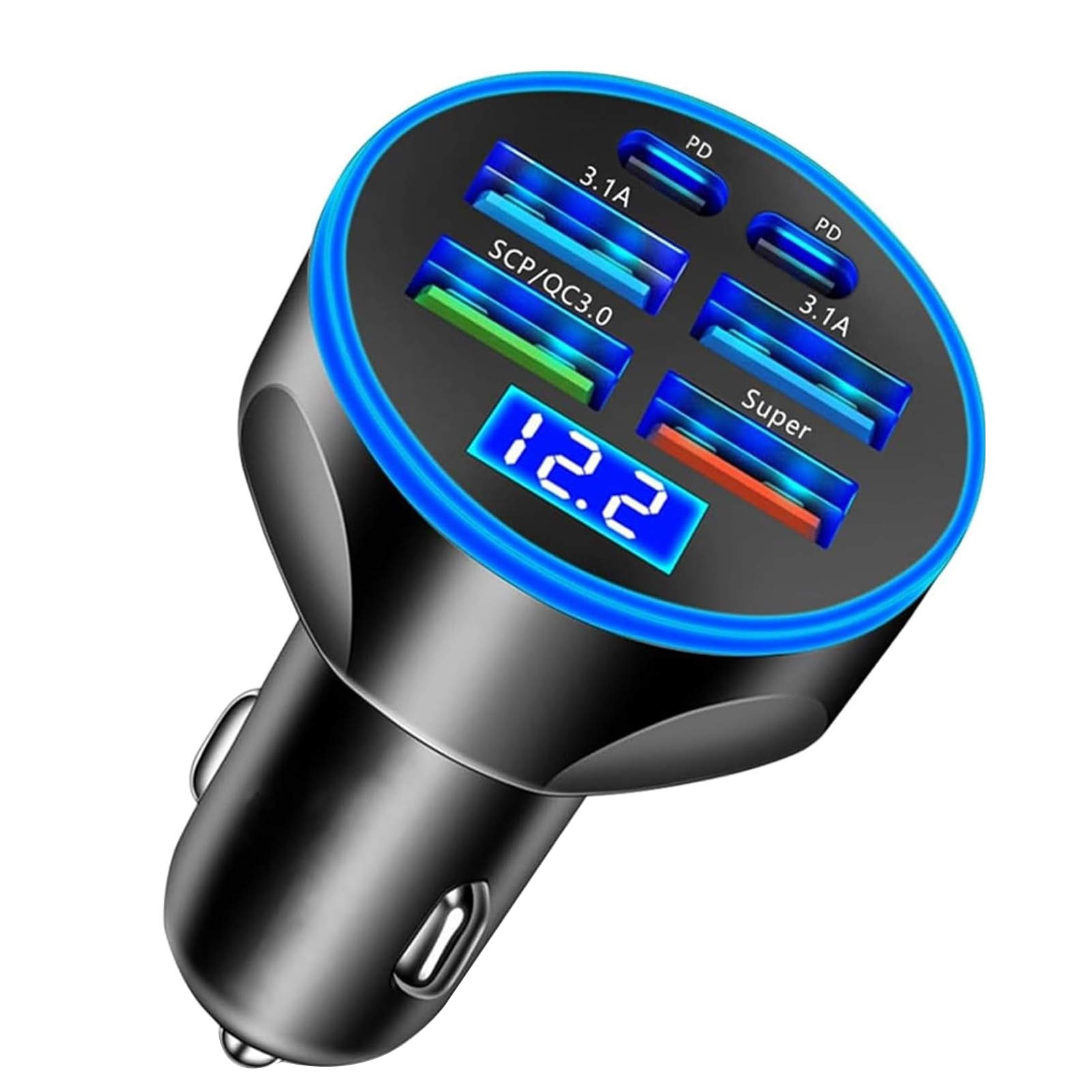 Fast Charging 6-Port Car Charger ABS+PC Material Overload Protection 12-24V