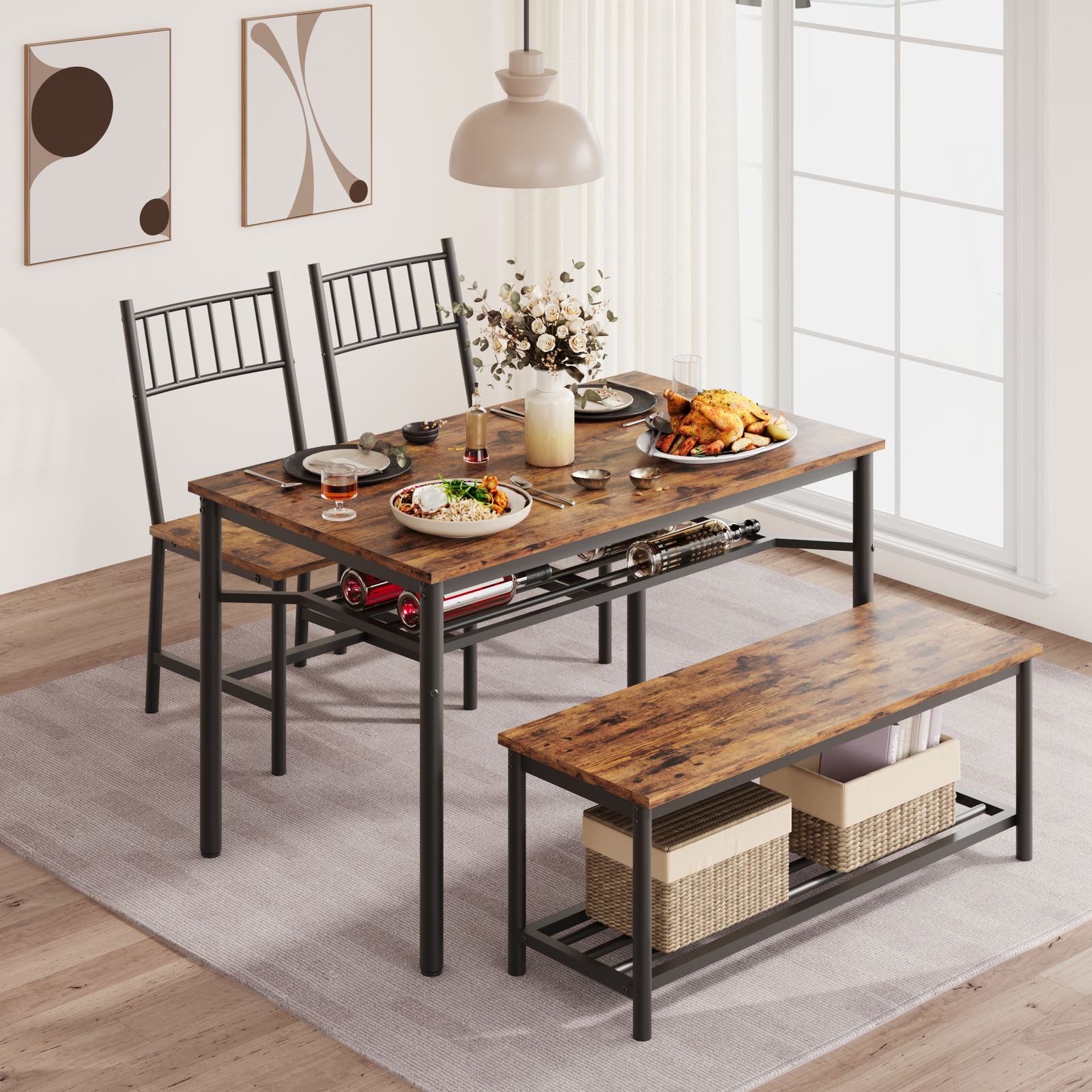 4-Piece Dining Table Set for 4 Person, Kitchen Table with 2 Chairs & Bench
