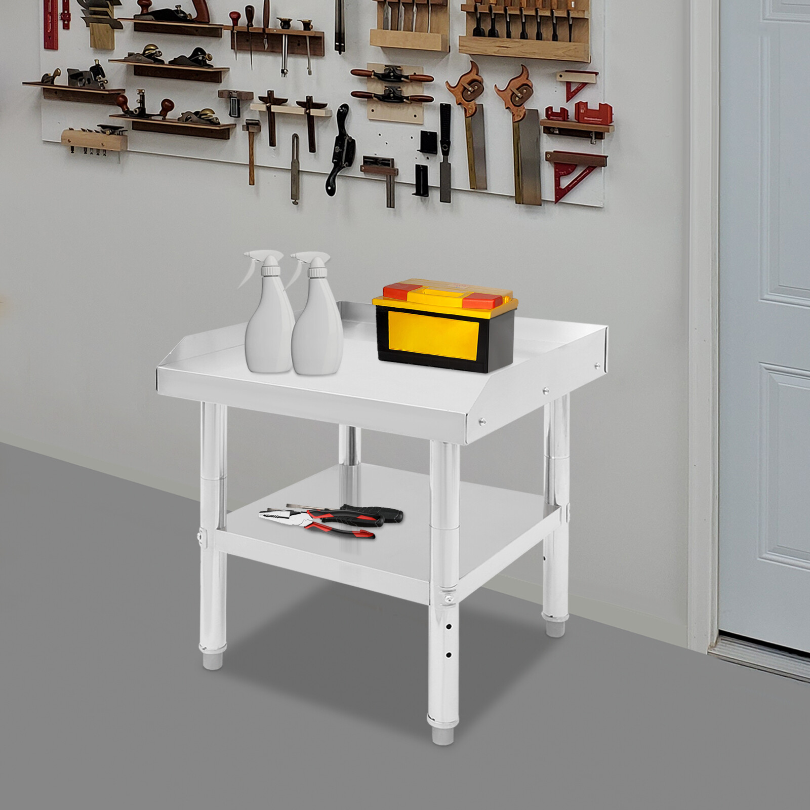 2 Tier Metal Work Table Adjustable Work Bench Kitchen Garage Laundry Prep Table