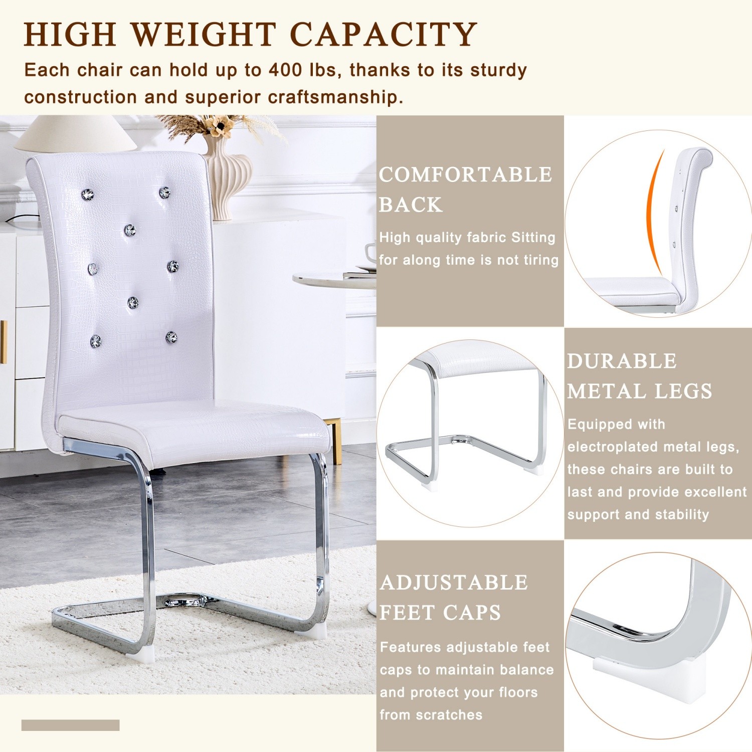 Set of 2 Modern Upholstered Faux Leather Dining Chairs w/ Silver Metal Bow Leg
