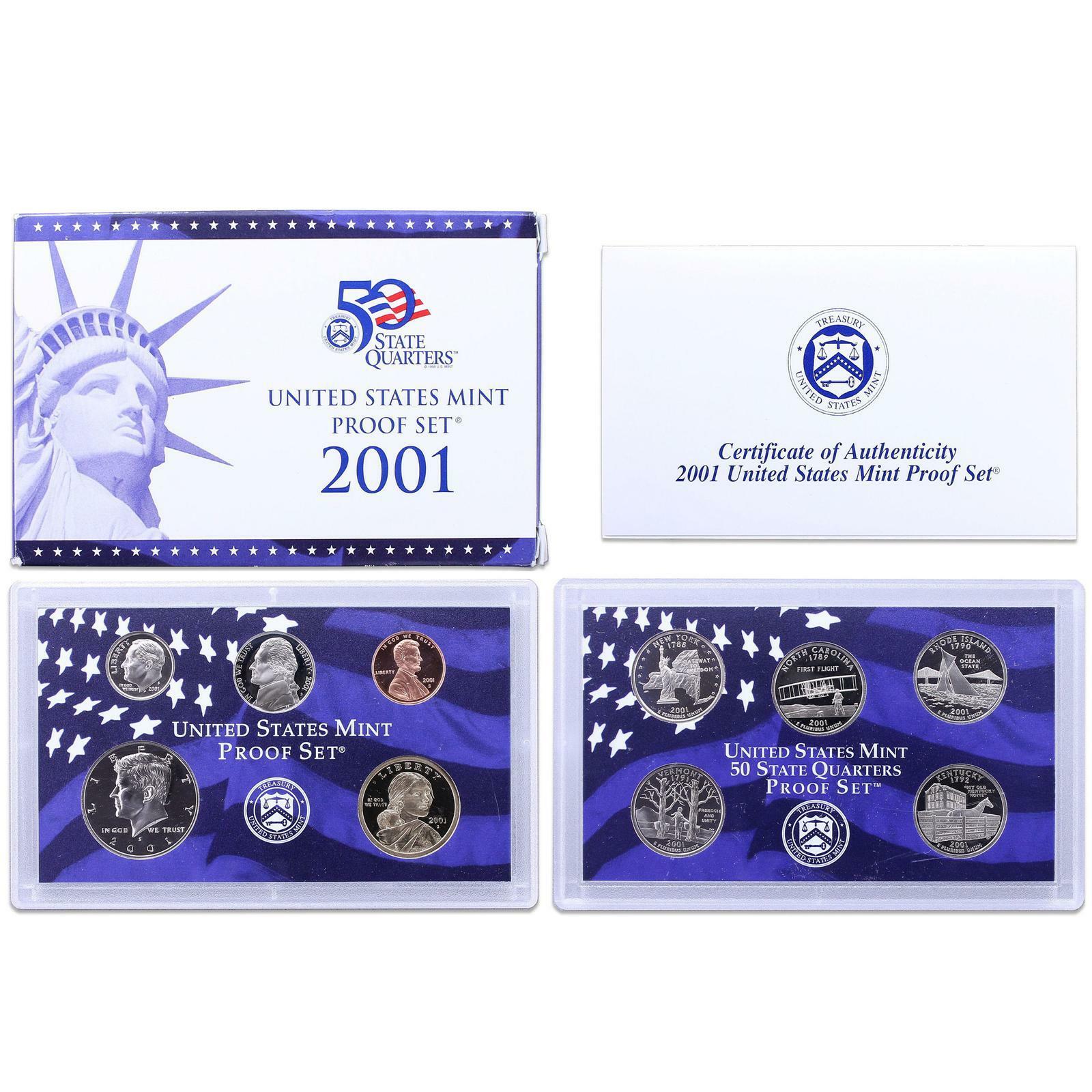 2001 S Proof Set Original Box & COA 10 Coins CN-Clad
