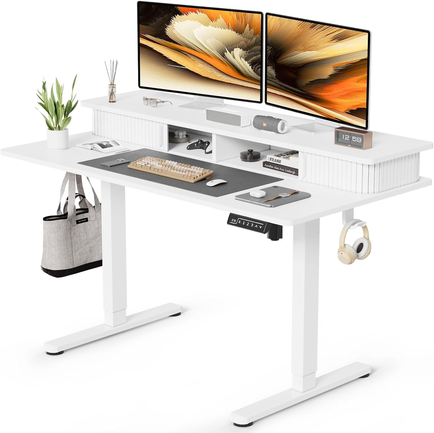 Height Adjustable Electric Standing Desk with Shelves & Monitor Stand, 48" White