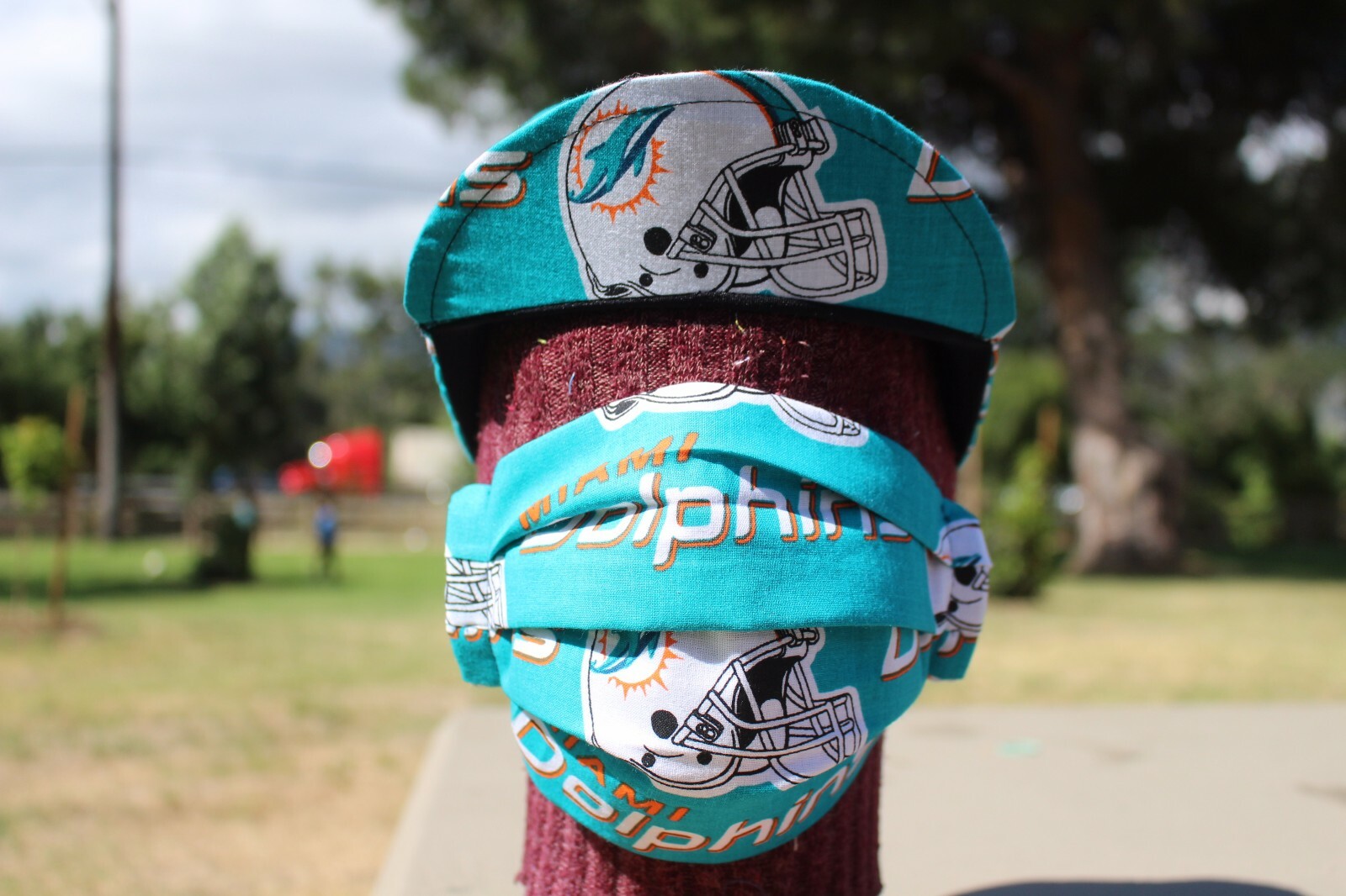 CYCLING CAP MIAMI DOLPHINS W/ FACE MASK 3 FOLD 100 % HANDMADE IN USA L M S