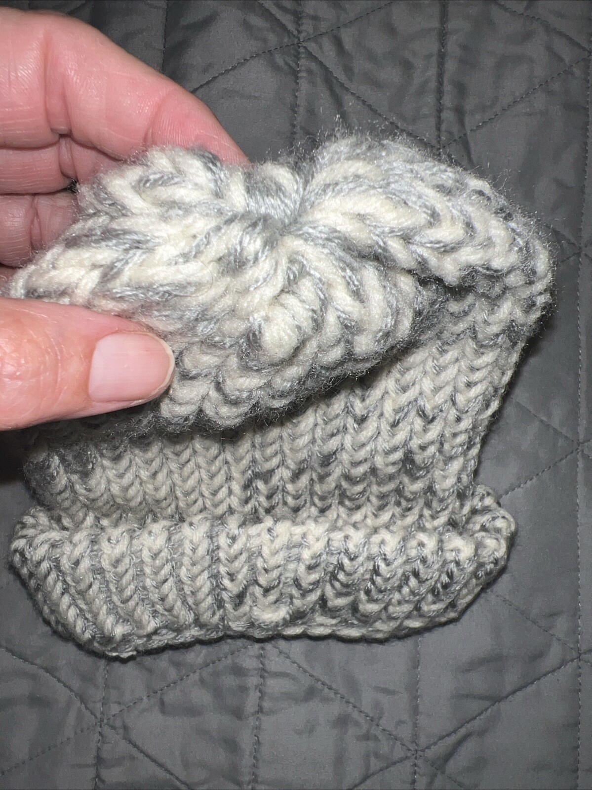 Gray and White Handmade knitted Beanie Hat Very Small Size. EUC