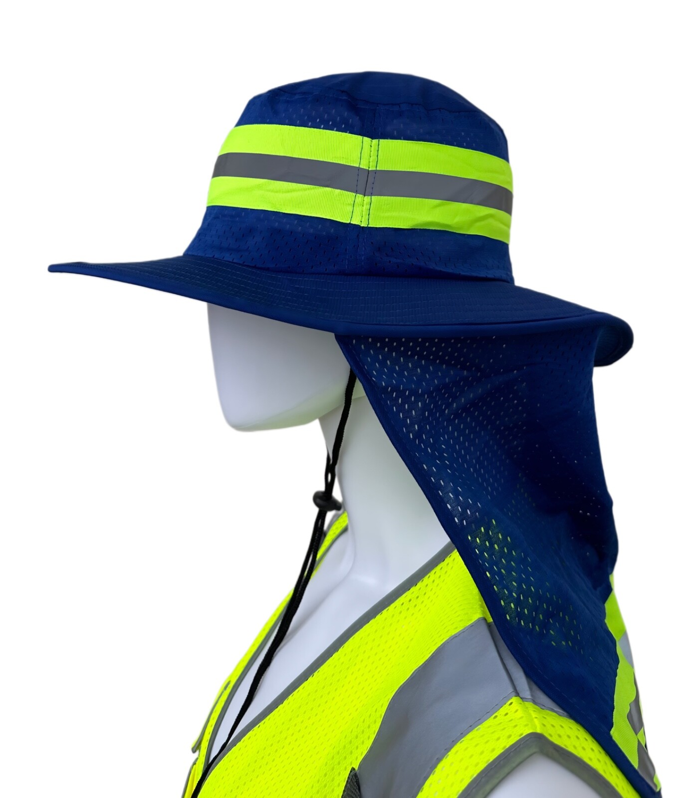Hi Vis Reflective Work Safety Neck Flap Boonie Hat Blue  Bucket Cap