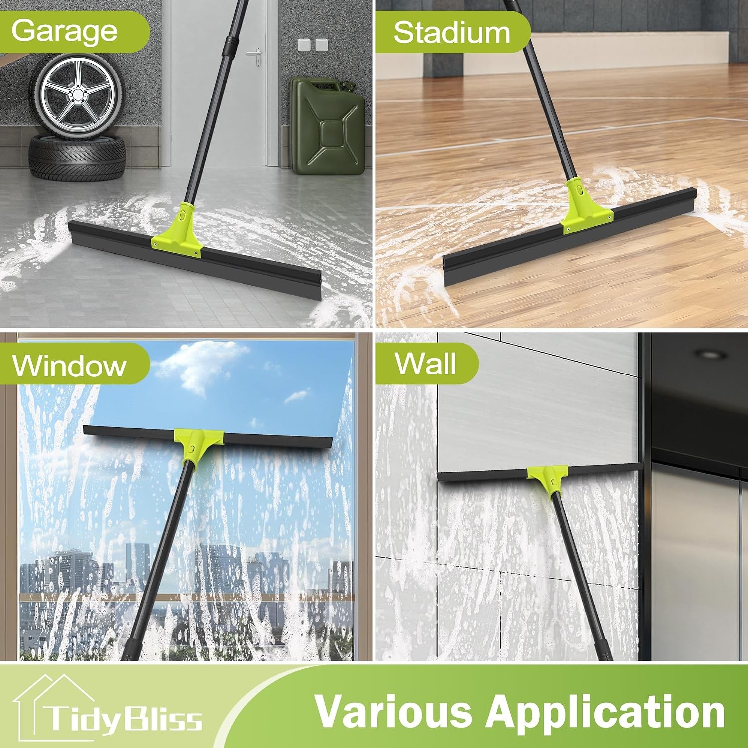 24" Heavy Duty Floor Squeegee, 62" Handle, Rubber Foam Water Scraper