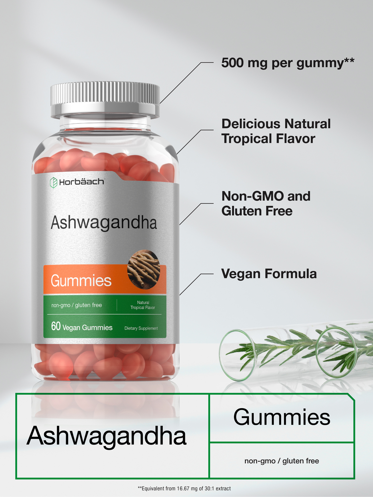 Ashwagandha Gummies | 60 Count | Vegan, Non-GMO | Tropical Flavor | by Horbaach