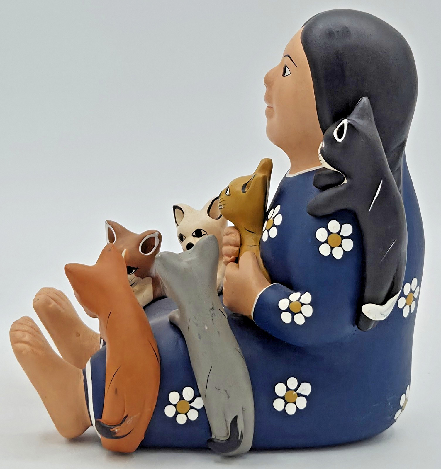 Handmade Peruvian Girl & 7 Cats Storyteller Pottery Ceramic Figure Folk Art