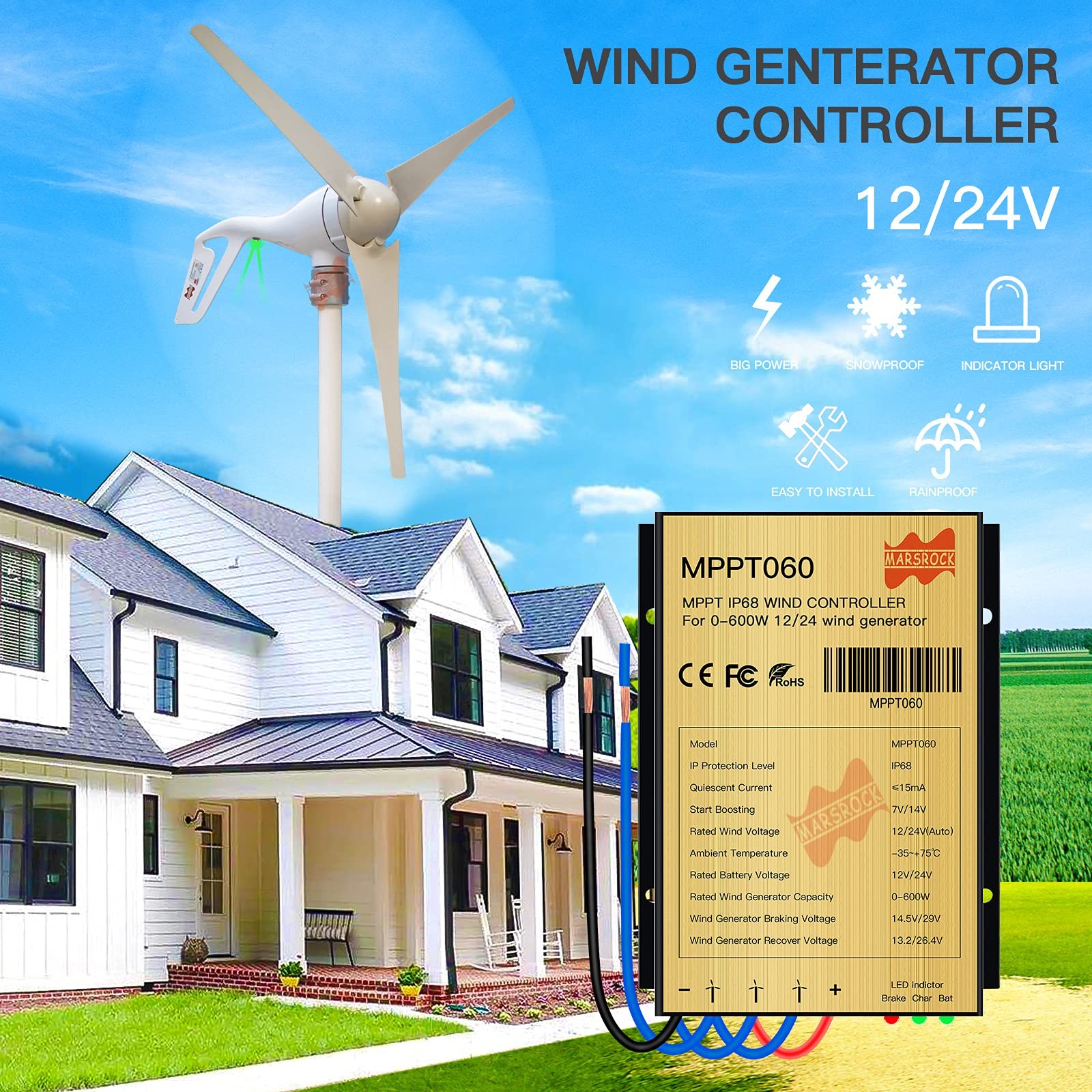 Marsrock 0600W Mini Wind Charge Discharge Mppt Controller Ip67 Waterproof