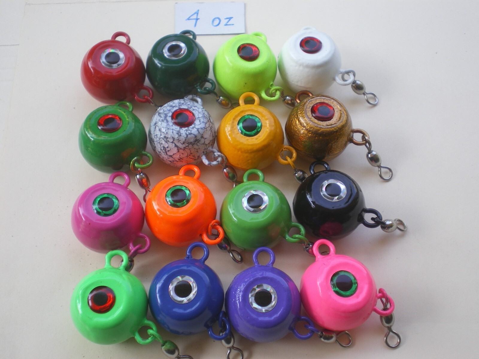 5 PCS. FLUKE EAR BALL JIGS W/#1 SWIVEL MULTICOLOR PACK, 4 OZ. CHOOSE ANY/MIX UP