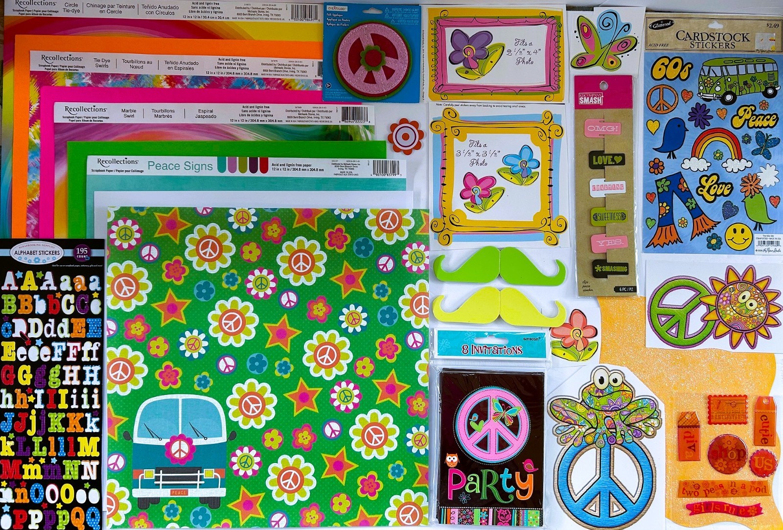 LOT  200 PC RETRO 60s GIRLS PEACE SIGNS SCRAPBOOK PAPERS STICKERS EMBELLISHMENTS