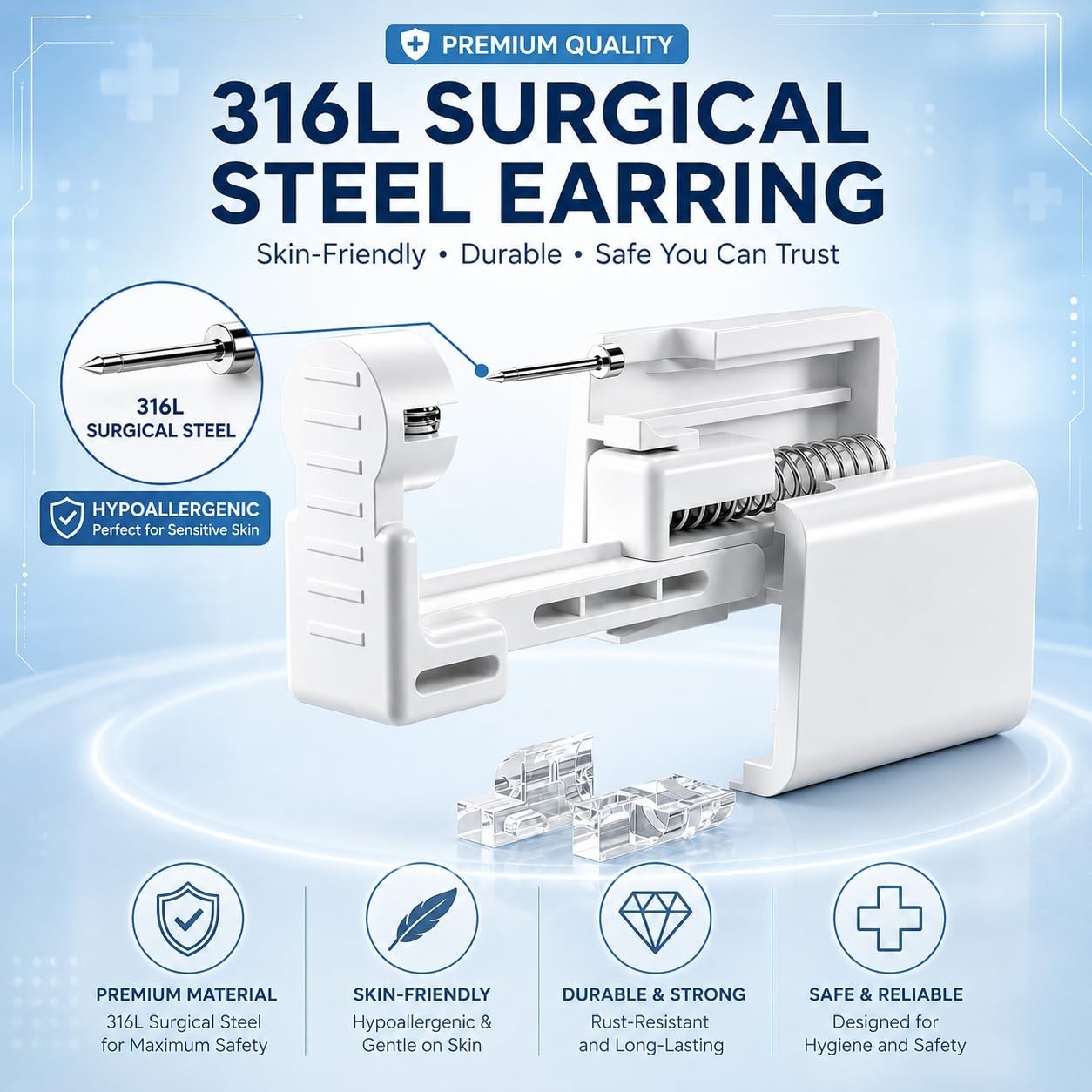 Complete Ear Piercing Kit - 2 Disposable Guns with 5MM CZ Studs & Accessories