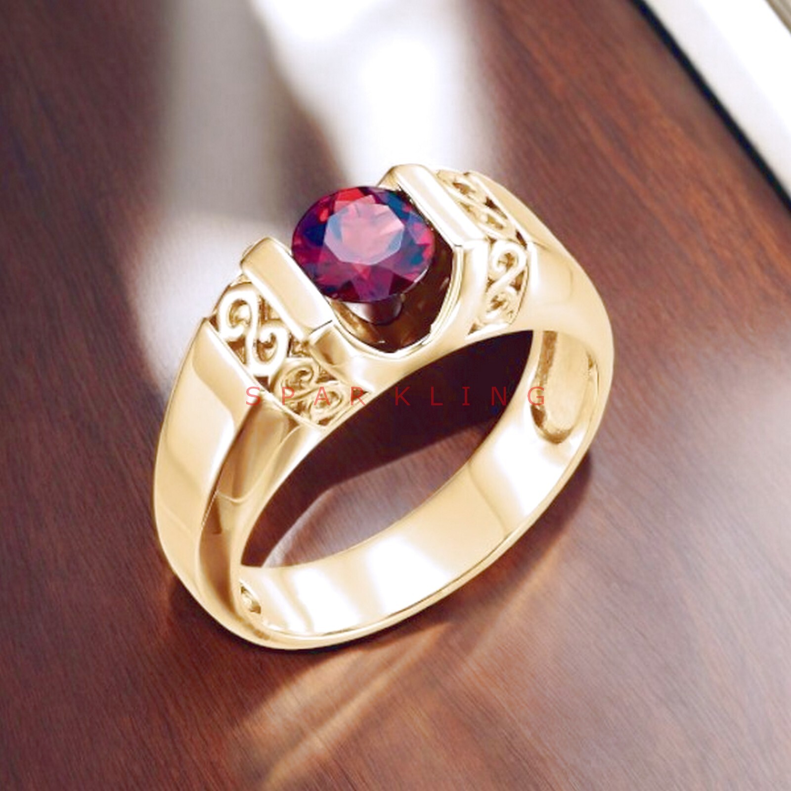 Ruby Round Cut With 14K Solid   Gold  Ring For Men's #E228