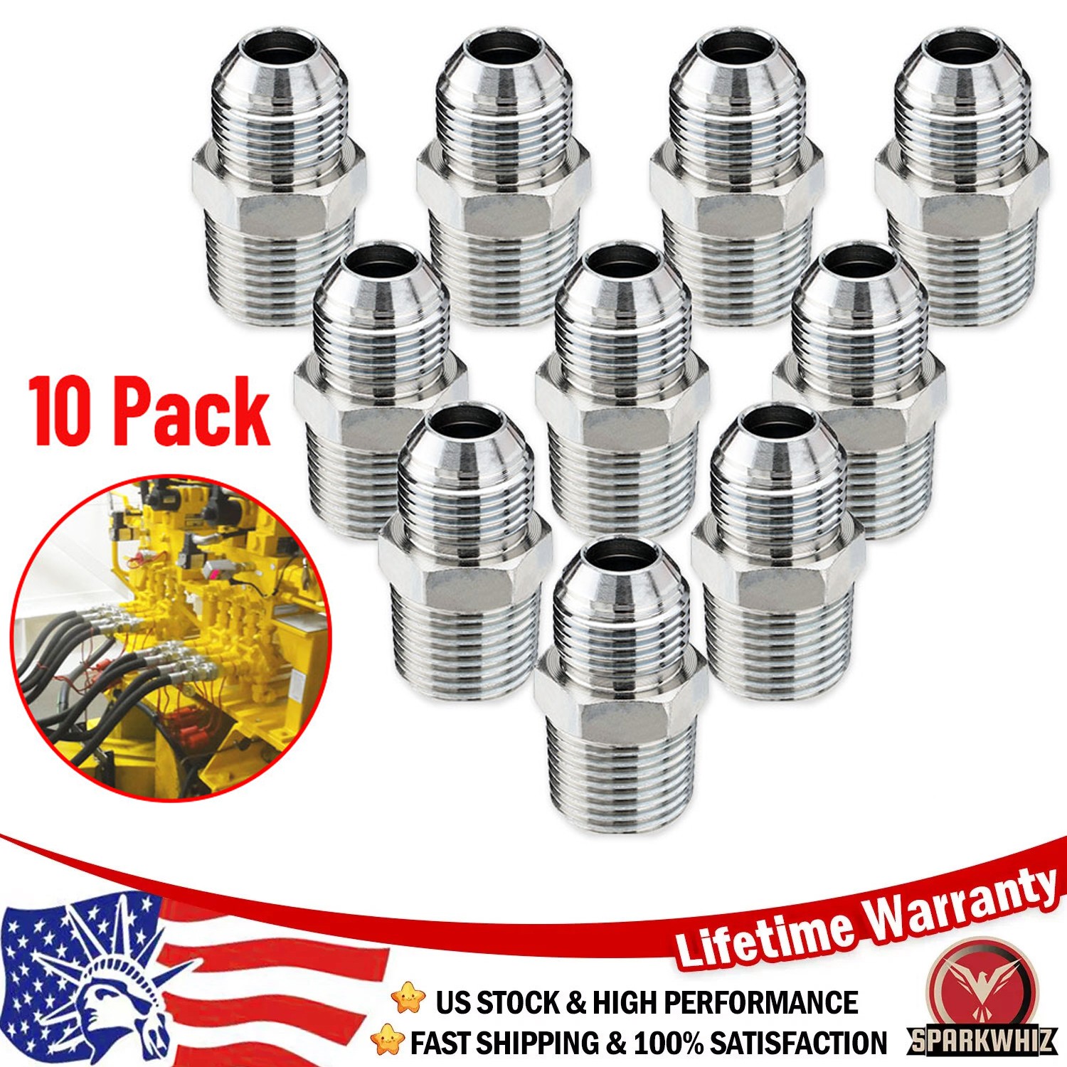 10 Pack Hydraulic Hose Adapter Fittings: 1/2" JIC 37° Male x 1/2" NPT Male USA