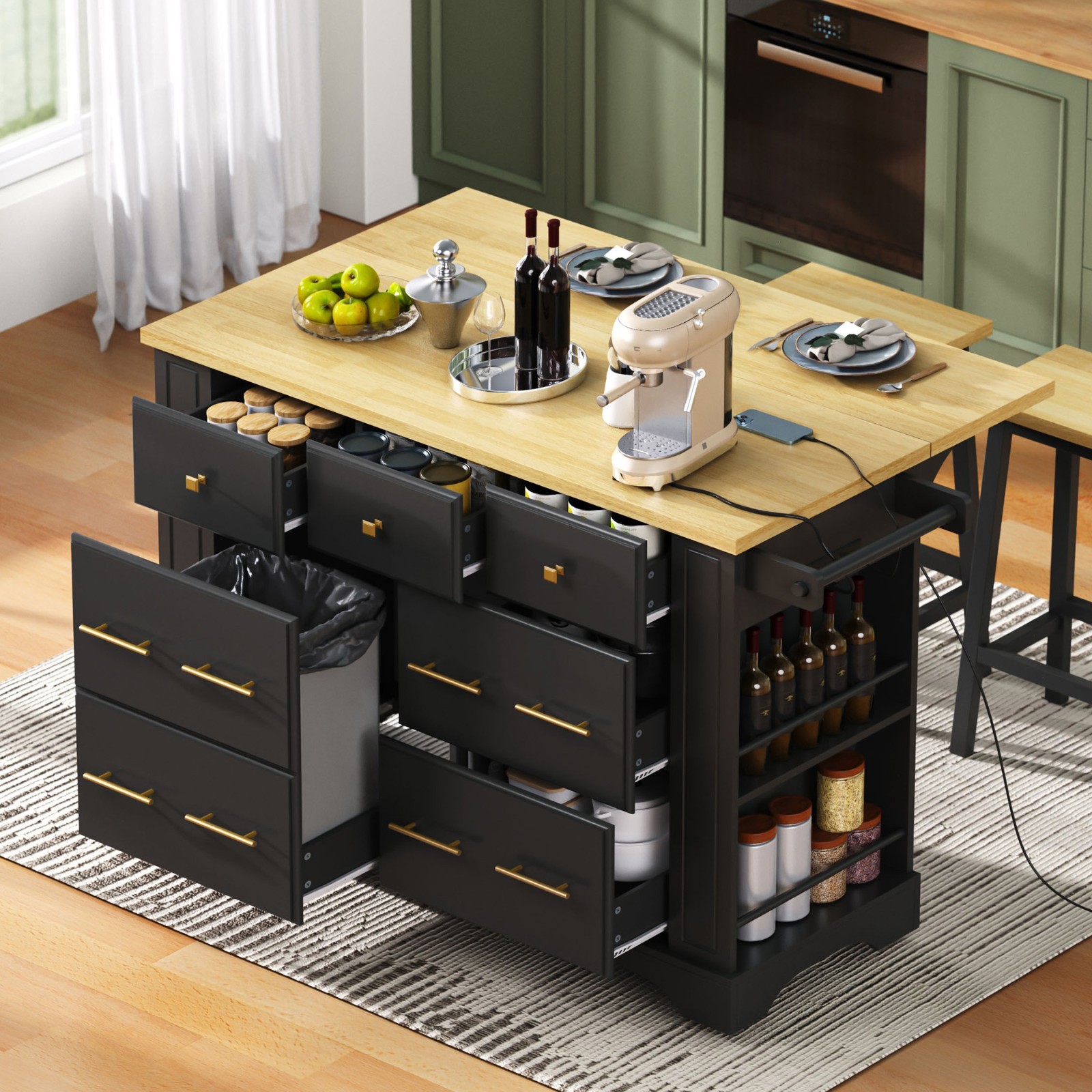 Kitchen Island w/6 Drawers, Pull Out Trash Can Storage, Rolling Kitchen Island