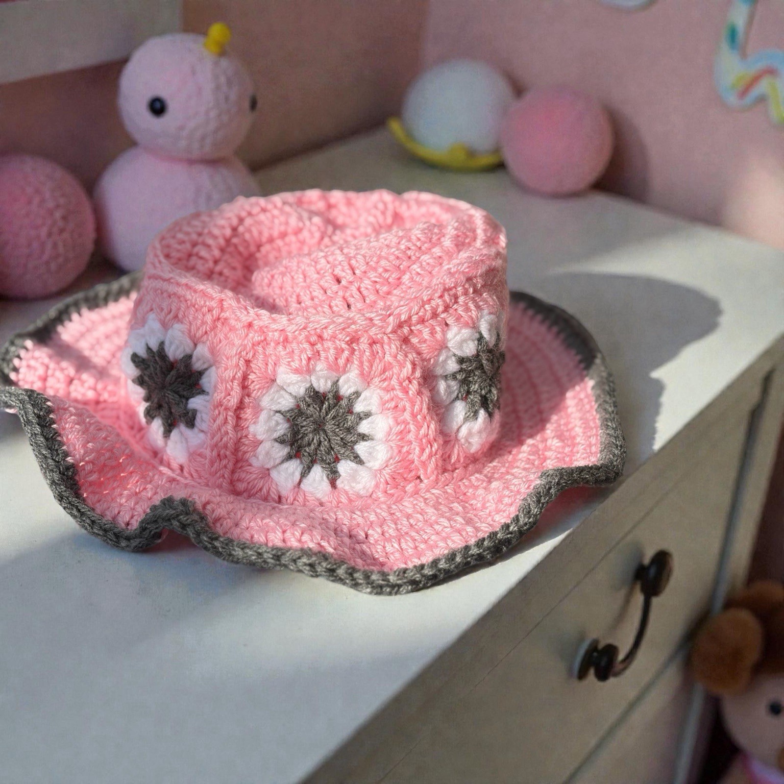 Handmade Crochet Bucket Hat – Pink Granny Square Design