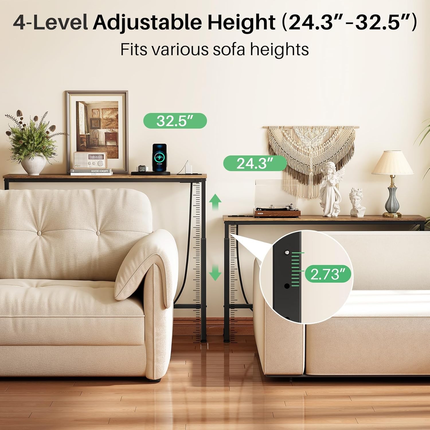 94.5" Extra Long Behind Couch Table, Adjustable Height Narrow Console Table with