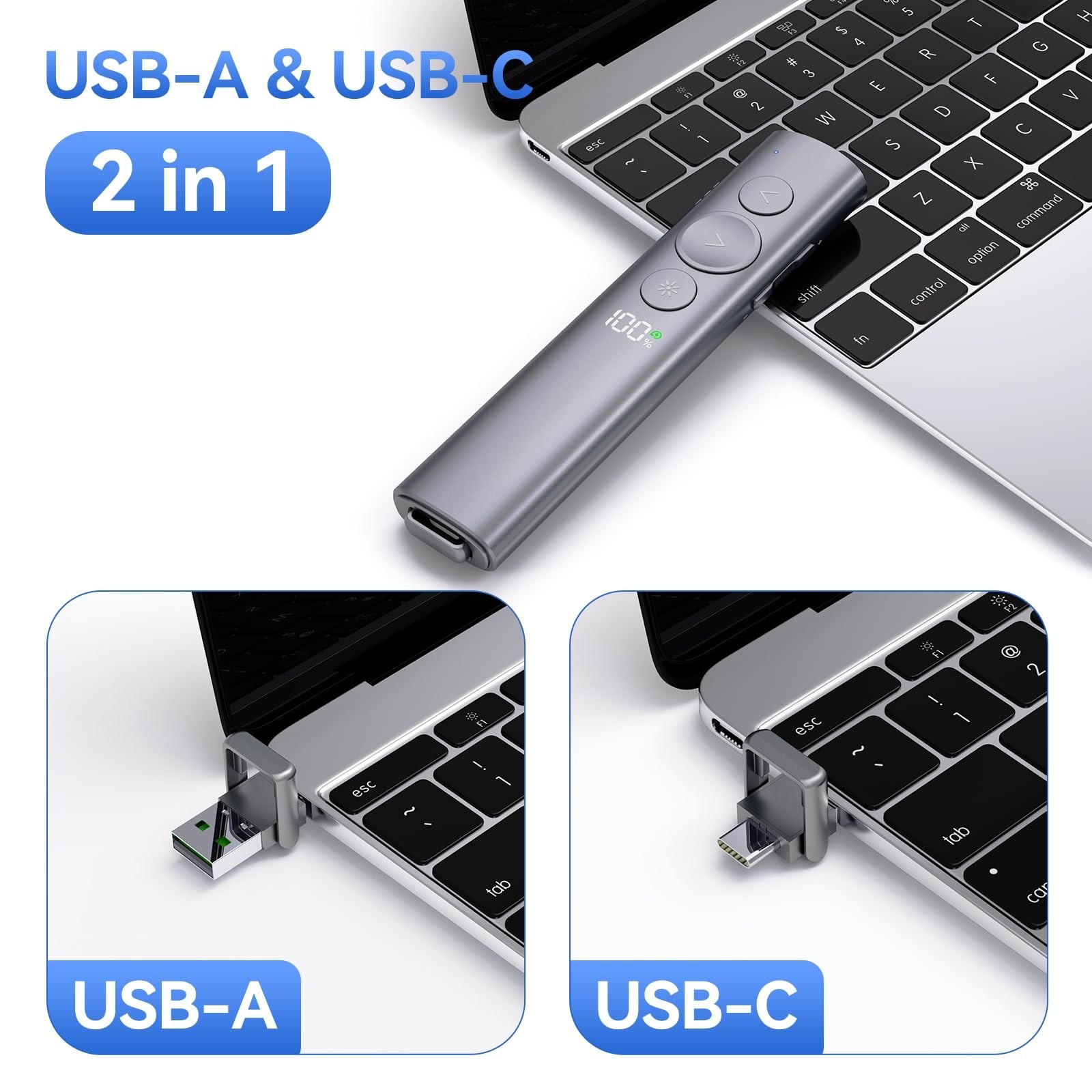 Wireless Presentation Clicker with Red Laser Pointer - USB-A & USB-C Remote for
