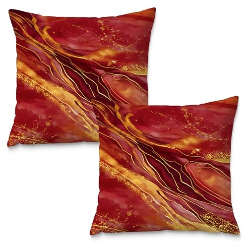 Luxury Gradual Marble Pillow Covers 18x18 Set of 2, Modern Red and Gold
