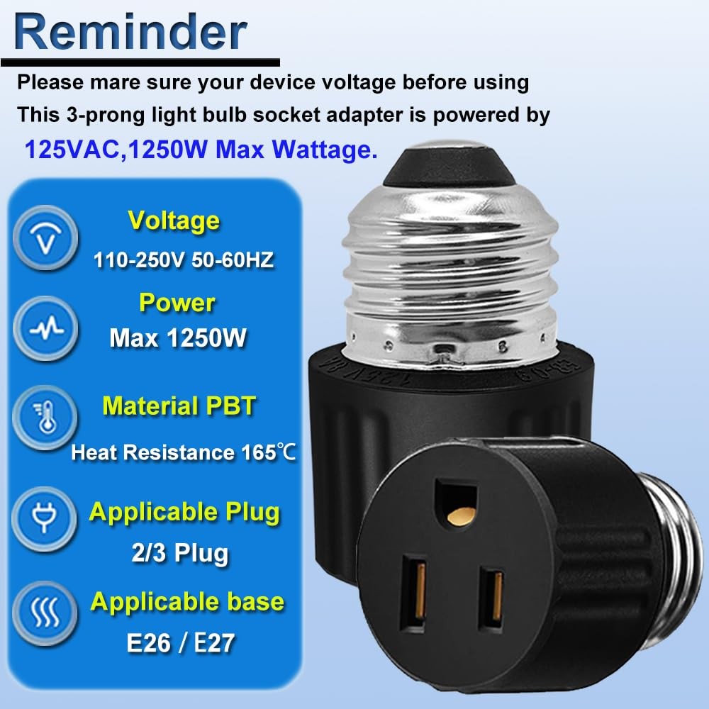 Light Socket to Plug Adapter, Convert Bulb 2 Black 1 White