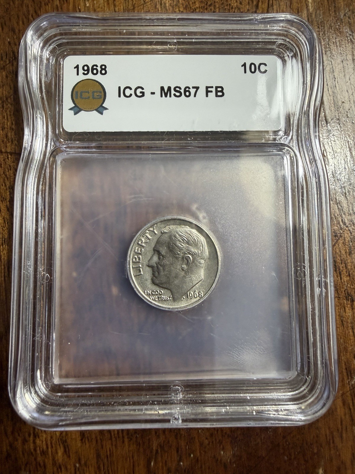 1968 Roosevelt Dime ICG MS67 Full Bands Gold Medal Label High Grade Clad Rare FB