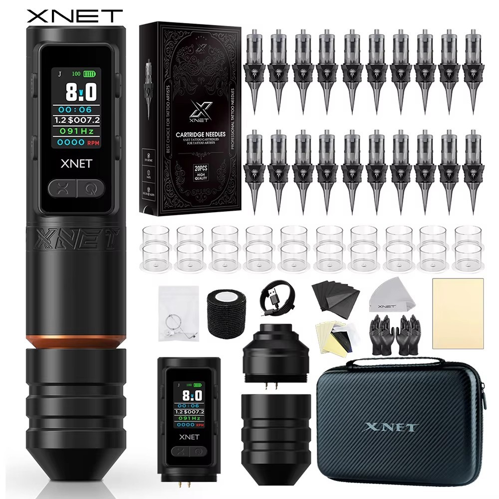 XNET Wireless Tattoo Machine Full Kit 20pcs Needles 4.0+3.5mm Brushless Motor US