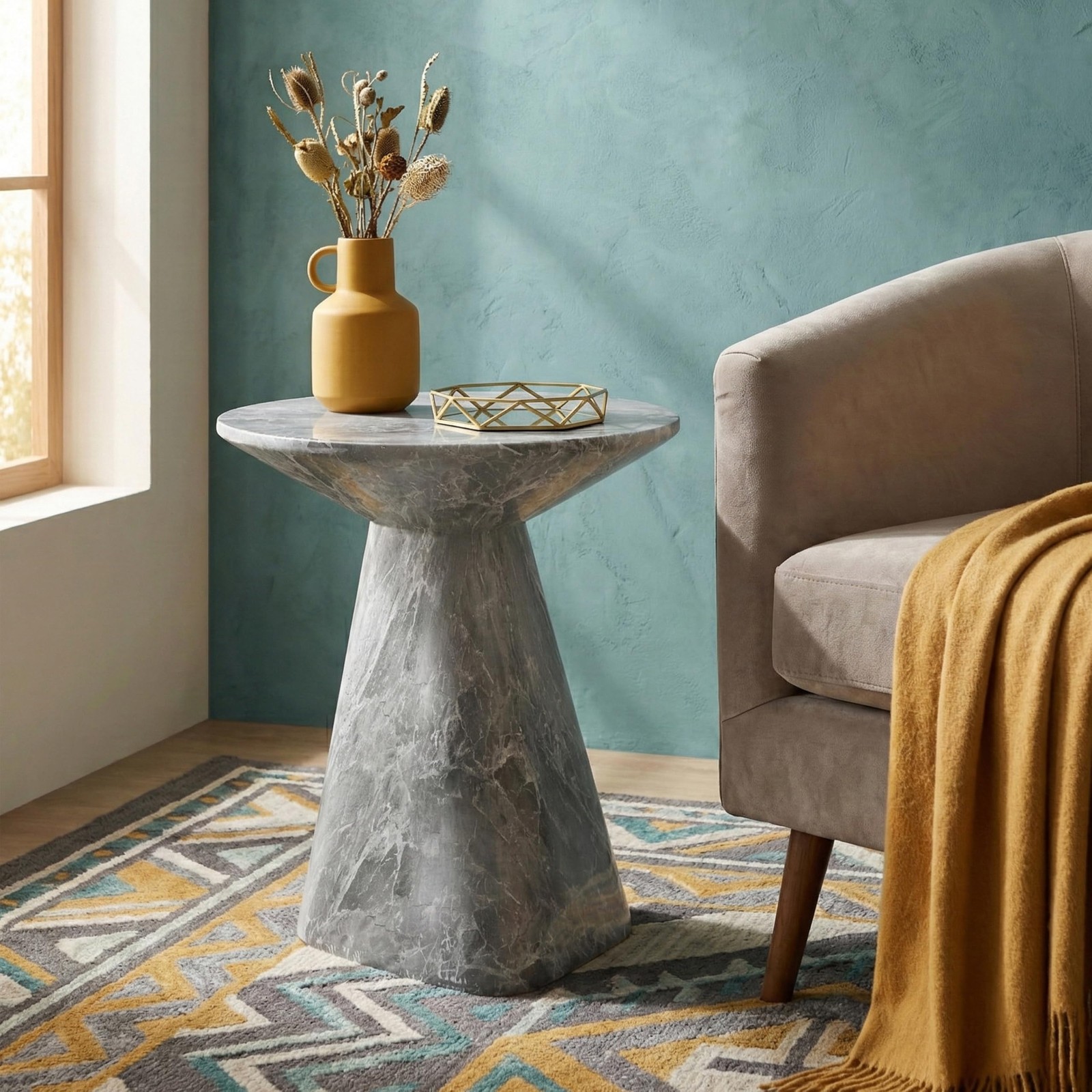 Ranera Modern 18-inch Natural Stone Side Table with Angular Pedestal Base, Ma...