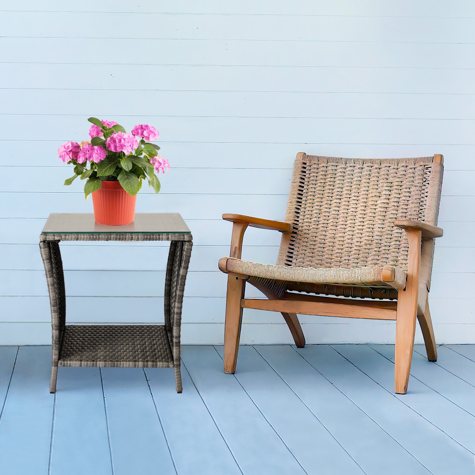 Outdoor Grey Wicker Side Table Rattan Square Side Table Courtyard Coffee Bistro