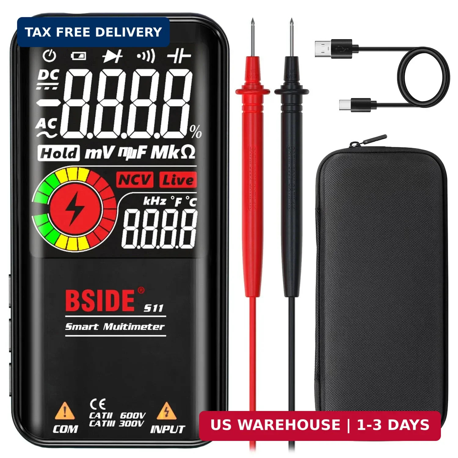 BSIDE Smart Digital Multimeter 9999 Counts Pocket Voltmeter, Rechargeable with 3