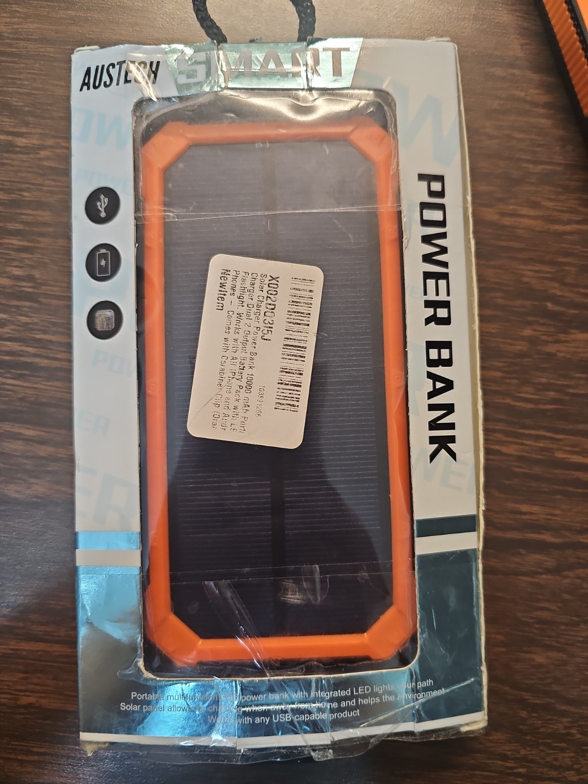 Solar Charger Power Bank 10000 MAH Flashlight,  Black/Orange