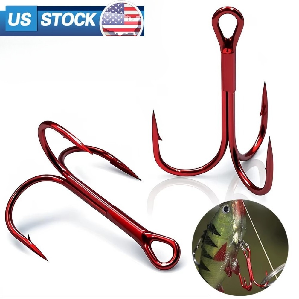 100pcs/Box Red Treble Hooks High Carbon Steel Sharp &Round Bend Size #2 #4 #6 #8