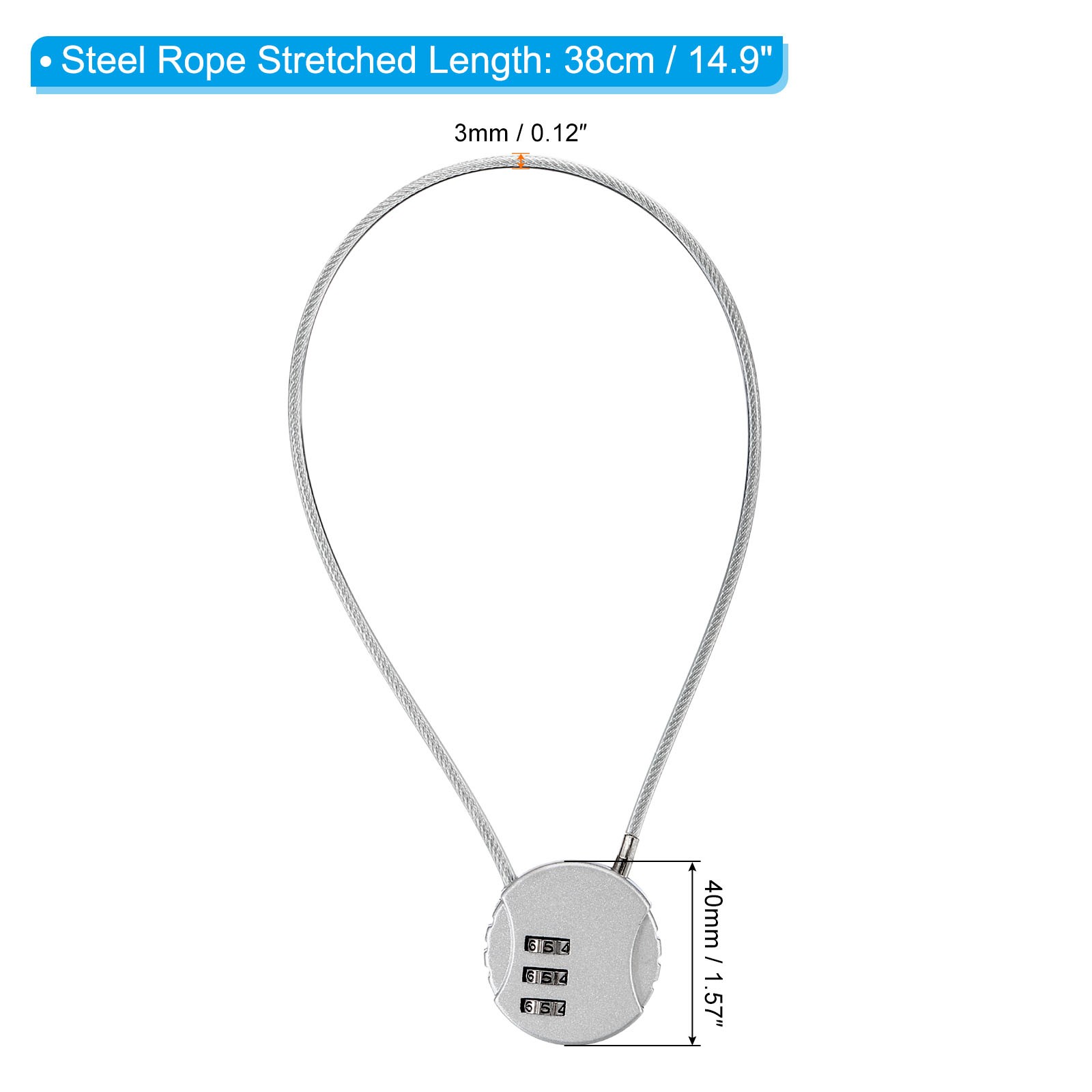 Small Combination Block 14.9", 3pcs 3 Digit Luggage Lock, Silver Tone