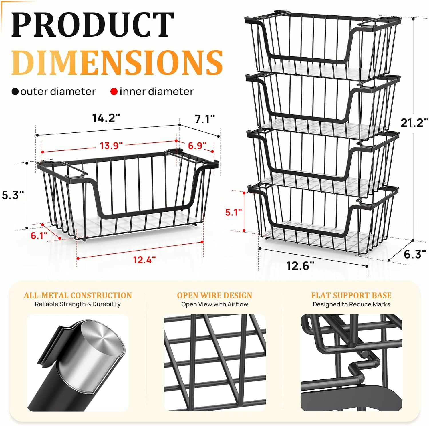 SUNALLY Stackable Storage Bins 4 Pcs Wire Baskets for Pantry Organizers and Stor